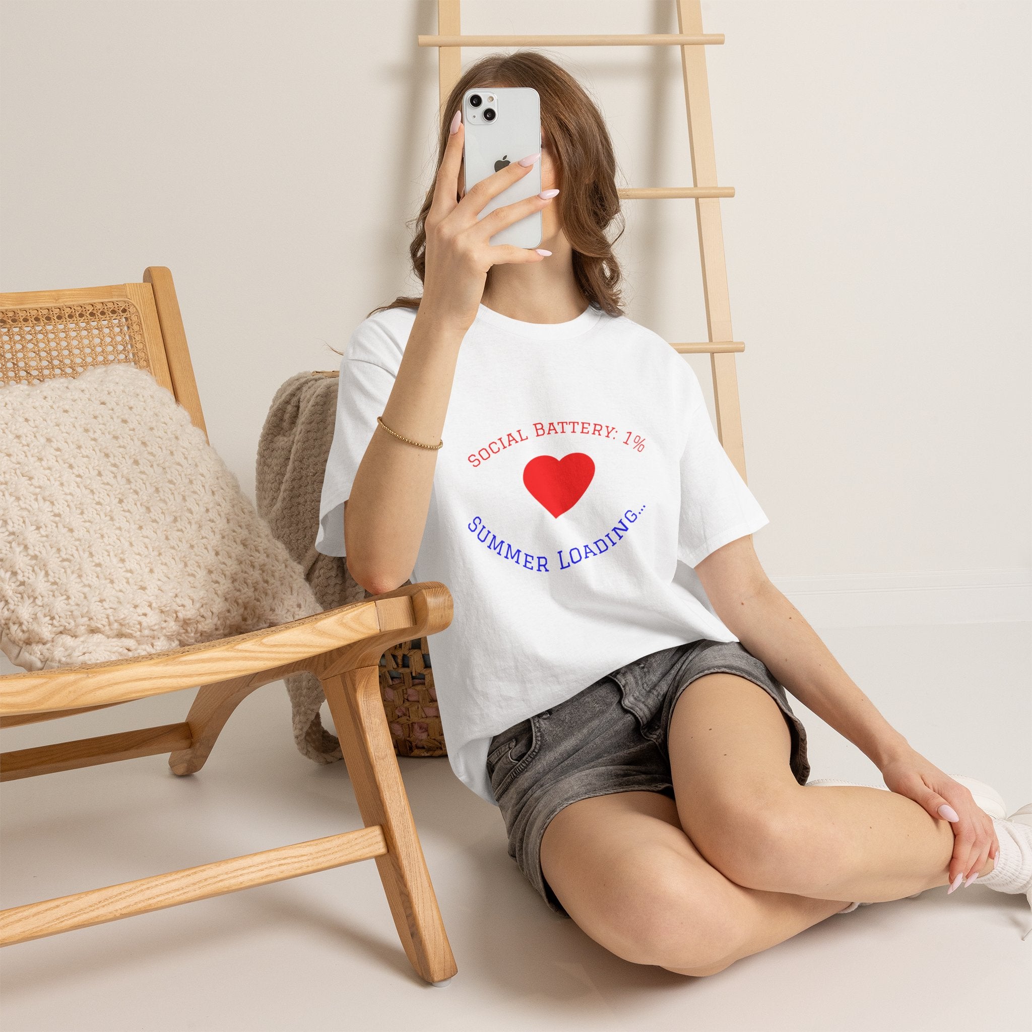 Summer Loading Tee — "Social Battery 1%" Heart Graphic