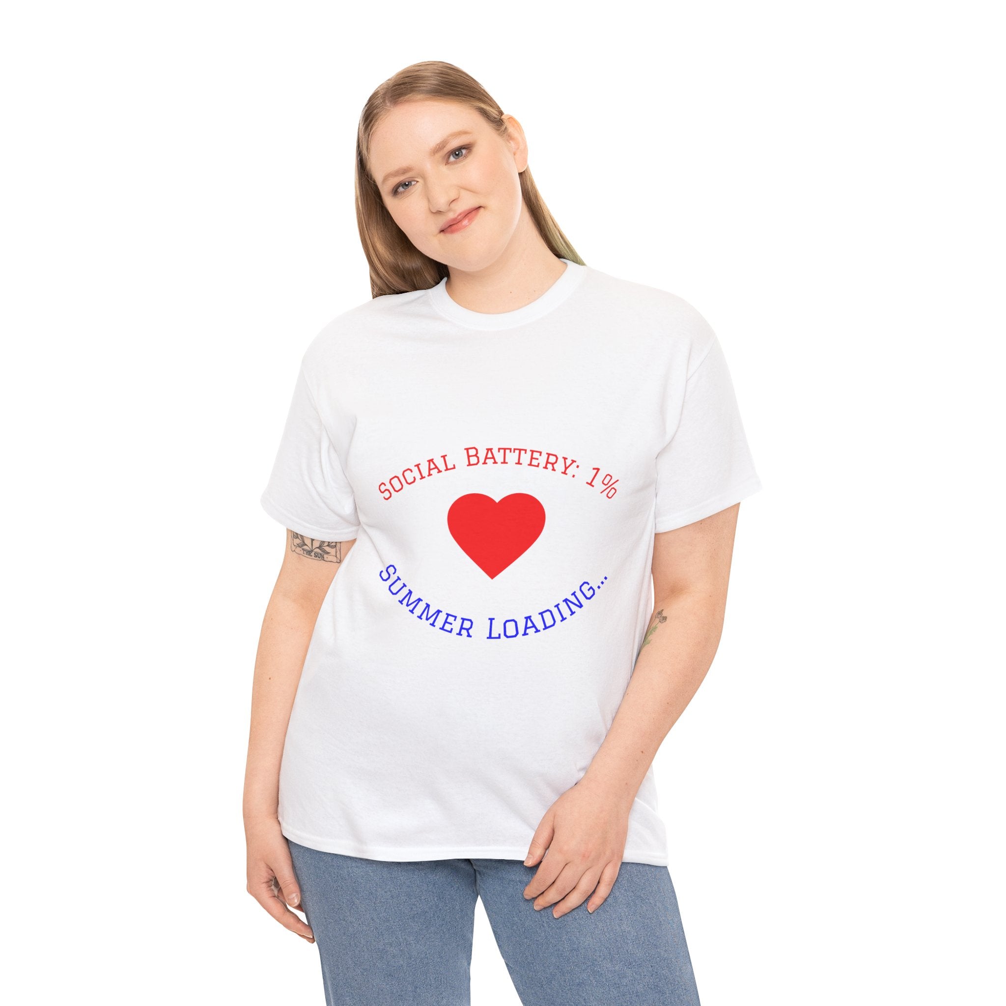 Summer Loading Tee — "Social Battery 1%" Heart Graphic